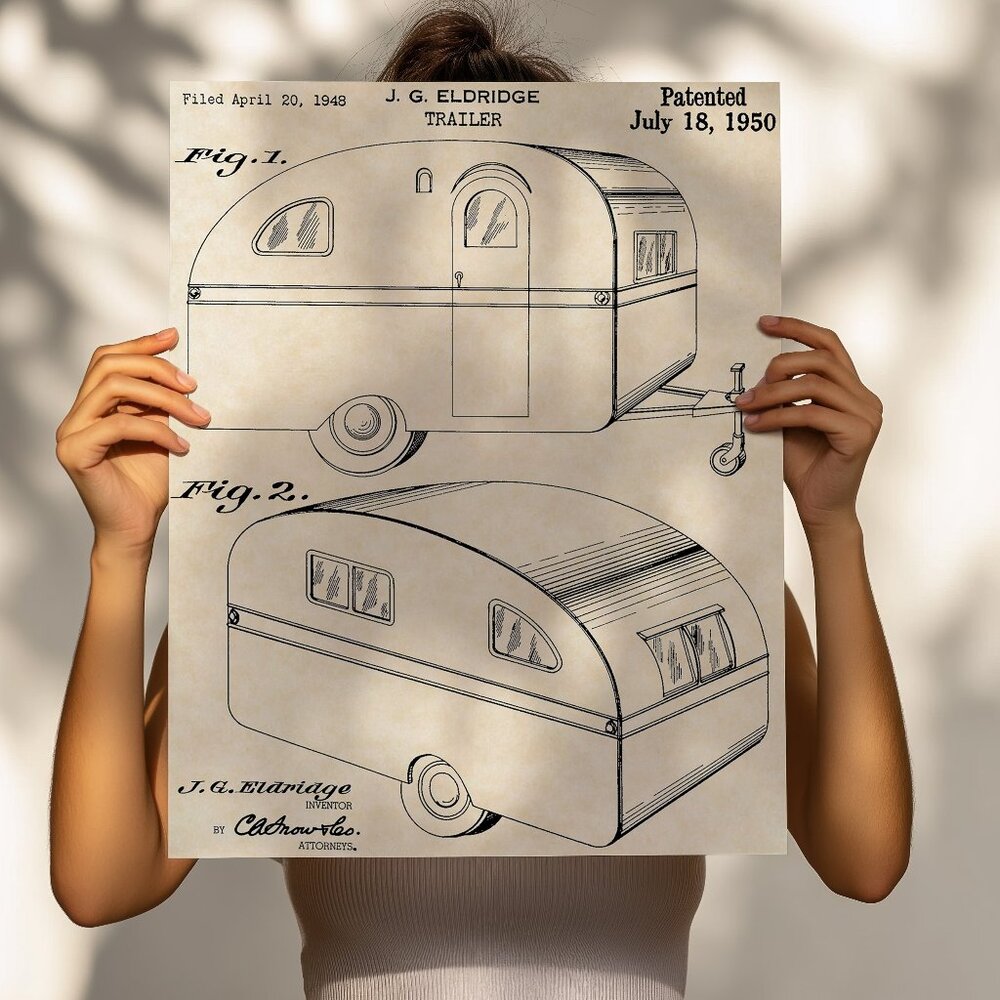 1950 Camper Patent Art 16x20 Vintage Camping Print on Custom Parchment